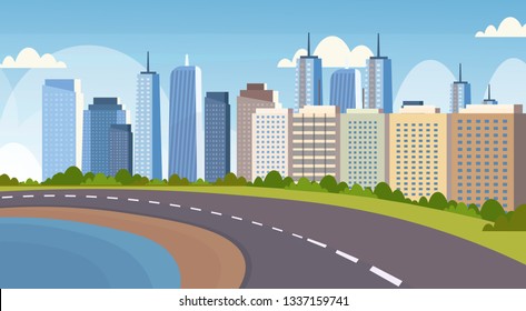 asphalt highway road between river and beautiful city panorama high skyscrapers cityscape background skyline flat horizontal banner