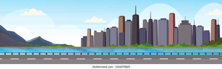 asphalt highway road over beautiful river mountain city panorama high skyscrapers cityscape background skyline flat horizontal banner