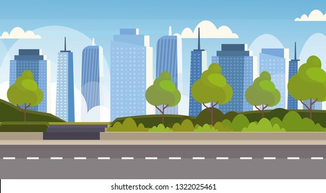 asphalt highway road over city panorama high skyscrapers cityscape background skyline flat horizontal banner