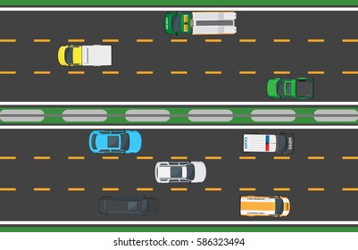 Asphalt highway with six lines and eight means of transportation. Vector illustration in flat style of fast vehicle that move on road in opposite directions. Movement process on long isolated way