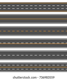 Asphalt horizontal line. Patterns of an asphalt surface, double yellow line, texture material for highway journey. Vector flat style cartoon illustration isolated on white background