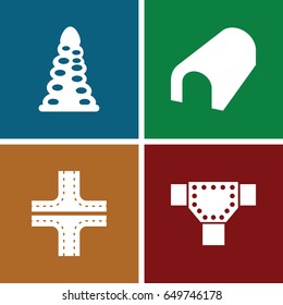 Asphalt icons set. set of 4 asphalt filled icons such as tunnel