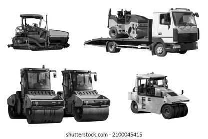 Asphalt laying technique and tow truck with road-roller on platform isolated on white background. Vector, monochrome 3d illustration. Vector 3d illustration. A set of equipment for asphalting roads.