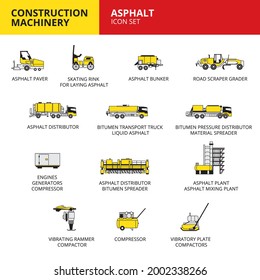 Maquinaria asfáltica Vehículos y máquinas de construcción de vehículos de transporte conjunto de iconos vectores