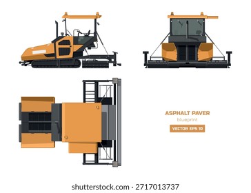 Desenho de pavimentação asfáltica. Vista lateral, superior e frontal. Máquina de estrada industrial 3D. Veículo de construção urbano. Equipamento isolado para trabalhos na estrada. Ilustração vetorial