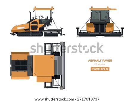 Asphalt paver drawing. Side, top and front views. 3D industrial road machine. Urban building vehicle. Isolated roadwork equipment. Vector illustration