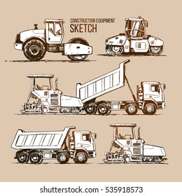 Asphalt Paver Finisher, Tipper truck, Asphalt Roller. Construction Equipment Sketch