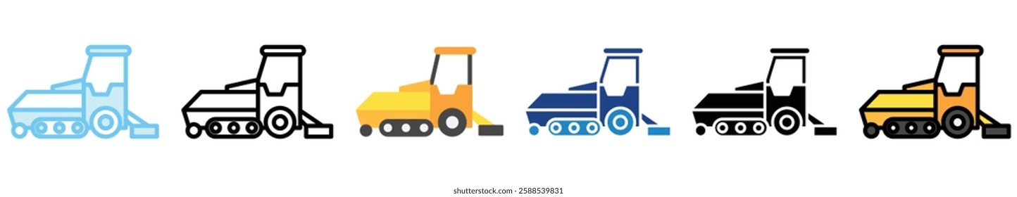 Asphalt Paver multi style, mini illustration icon. outline, flat, glyph, line color, UI, UX, app and web, digital or print. related to heavy machinery, industry, road construction theme
