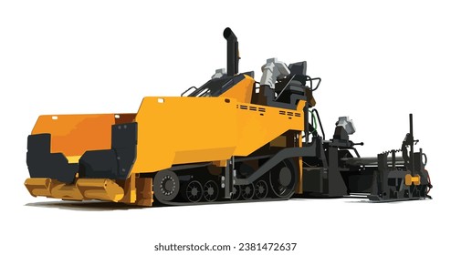 asphalt paver pave machine art job work design 3d vector template isolated road yellow white background shovel pile scoop big operate