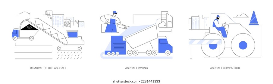 Asphalt paving abstract concept vector illustration set. Removal of old asphalt, paver truck, drum roller compactor, heavy machinery and equipment, road construction abstract metaphor.