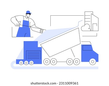 Asphalt paving abstract concept vector illustration. Group of workers with asphalt paver truck, industrial transport, heavy machinery and equipment, construction process abstract metaphor.