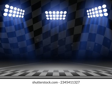 Asphalt racing track with Spotlight. Racing track Background with Start or Finish line. Go-kart track. Race track road. Vector Illustration.	