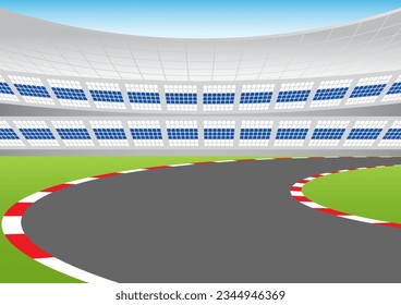 Asphalt racing track with Stadium  Arena. Racing track with Start or Finish line. Go-kart track. Race track road. Vector Illustration.