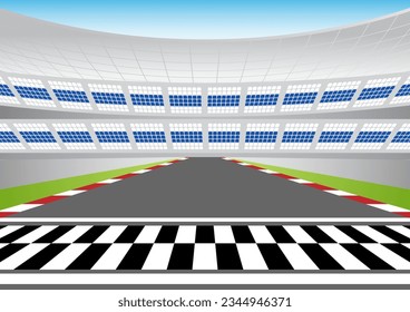 Pista de carreras de asfalto con Estadio Arena. Pista de carreras con línea de inicio o fin. Pista de Go-kart. Carretera de carreras. Ilustración vectorial.