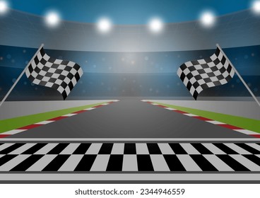 Asphalt Rennstrecke mit Stadion Arena. Rennstrecke mit Start- oder Endlinie. Go-Kart-Titel. Rennstrecke. Vektorgrafik.