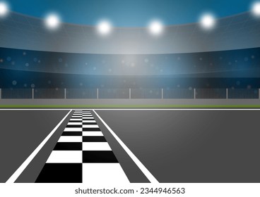 Pista de carreras de asfalto con Estadio Arena. Pista de carreras con línea de inicio o fin. Pista de Go-kart. Carretera de carreras. Ilustración vectorial.