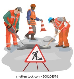 Asphalt Repair. Repairs. Men In The Form Of Road Repair.asphalt Laying. Vector Illustration