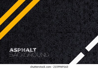 Asphalt road background texture, black tarmac surface. Vector highway with double yellow and dotted white lines marking top view. Tar pavement backdrop, roadway traffic direction