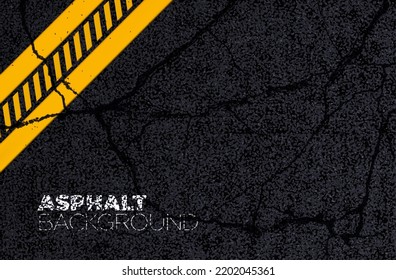Asphalt road background texture with cracks pattern, vector yellow street line. Road black tarmac surface, highway bitumen or asphalt grunge pavement with cracked tar stone and traffic lane marking svg