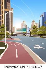 asphalt road with bike cycling lane path information banner traffic signs city skyline modern skyscrapers cityscape sunshine background flat vertical