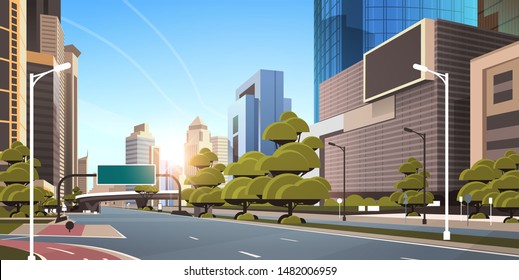 asphalt road with bike cycling lane path information banner traffic signs city skyline modern skyscrapers cityscape sunshine background flat horizontal