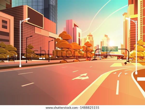 自転車の自転車の車線の道の情報バナー交通標識都市の高層ビルの夕日の平らな背景にアスファルト道路と自転車の自転車の車線の道 の情報 のベクター画像素材 ロイヤリティフリー