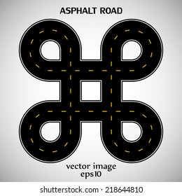 asphalt road black color with yellow intermittent marking and text on the gray background. vector illustration eps10