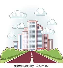 Asphalt road to a city downtown with high skyscrapers piercing clouds in the sky. Urban landscape. Modern flat style thin line vector illustration isolated on white background.