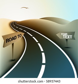 Asphalt Road in the Desert with Road Signs for Text | Vector Illustration