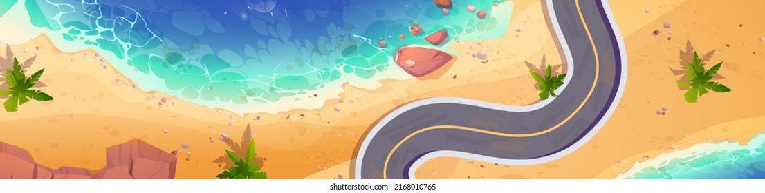 Asphalt road going along sea beach top view panoramic background, tropical ocean coastline with palm trees, rocks and blue water. Sandy shore scenery nature landscape, Cartoon vector illustration