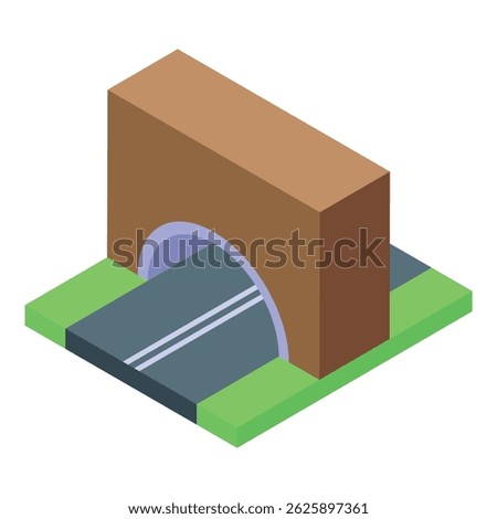 Asphalt road going through tunnel entrance with green grass on sides in isometric view