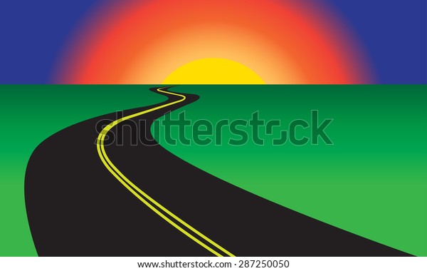 Asphalt road and green\
landscape with blue sky and yellow sun. Vector illustration of\
winding road.