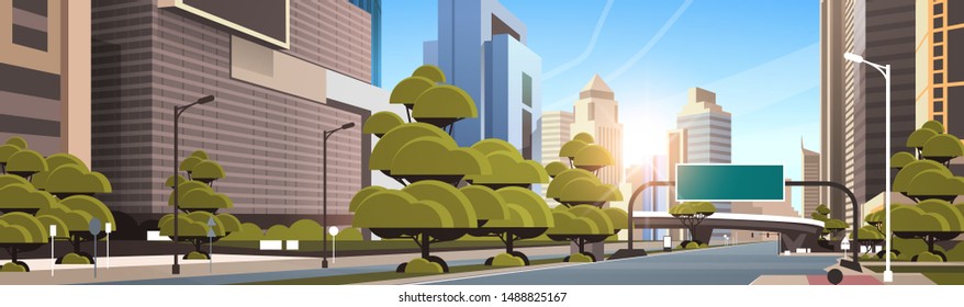 asphalt road with information banner traffic signs city skyline modern skyscrapers cityscape sunshine background flat horizontal