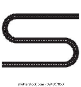 Asphalt road isolated on white background. Vector illustration of winding road. Car traffic design template.