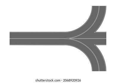 Asphalt road junction top view. Highway part with marking isolated on white background. Roadway element for city map. Vector flat illustration.