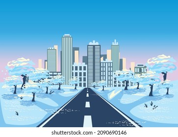 Asphalt road leading to a large city against the backdrop of a winter landscape in blue and pink colors. Beautiful winter. Vector illustration.