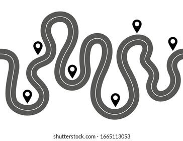 Asphalt road with map pointers. Road trip and journey along route. Winding path with stops. Vector on white background