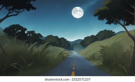 Asphalt Road in The Middle of African Savanna Grassland at Night with Moon Hand Drawn Painting Illustration