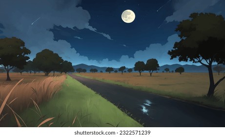 Asphalt Road in The Middle of African Savanna Grassland at Night with Moon Hand Drawn Painting Illustration