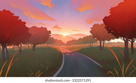 Asphalt Road in The Middle of African Savanna Grassland at Dawn or Dusk Hand Drawn Painting Illustration