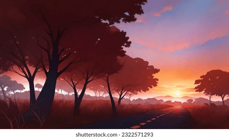 Asphalt Road in The Middle of African Savanna Grassland at Dawn or Dusk Hand Drawn Painting Illustration