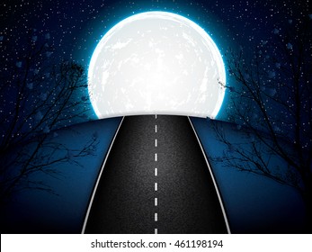 Asphalt road night bright illuminated large moon