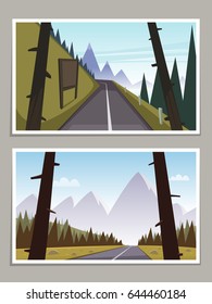 The asphalt road over the mountain, poster cartoon vector illustration.