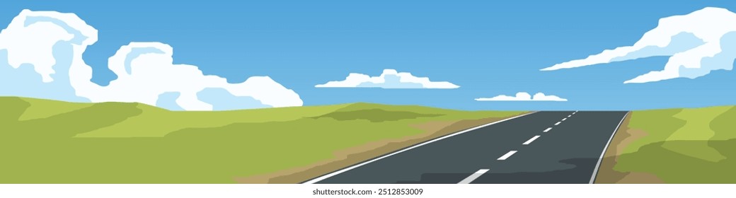 Caminho de asfalto que conduz a colina. Colinas e campos verdes. Transporte de vetores ou ilustrações e natureza. Sob o céu azul e nuvens brancas. Plano de fundo de visualização de ângulo amplo para banner.