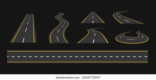 Caminho de asfalto definido. Estrada do carro, rua, estrada, roteiro de negócios infográficos design vetor isolado.