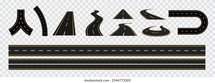 Conjunto de camino de asfalto. Carretera del coche, calle, carretera, Vector del diseño de la infografía de la hoja de ruta del negocio aislado. Colección de calle