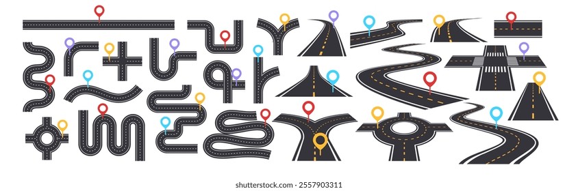 Asphalt road path set. Icons of highways, streets and crossroads with pin marks and traffic direction indicators. Design for navigation. Flat vector illustration collection isolated on background