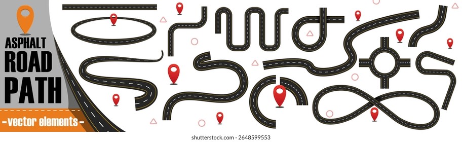 Asphaltstraße eingestellt. Ikonen mit Autostrasse, Autobahnen und Fahrstraßen mit roten Pin-Zeigern. Stadtstraße mit Kreuzung und gekrümmten Wegen. Flache Vektorgrafik-Kollektion einzeln auf Hintergrund