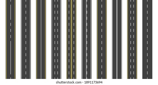 Asphalt road  Seamless straight highway and line  Street  roadway for car and yellow  white strips  Construction track and lanes for direction  Ways traffic  Vertical set textures  Vector 