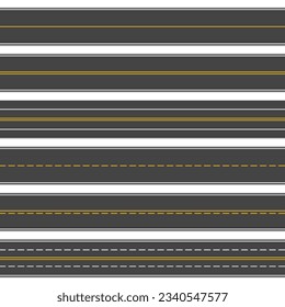 Asphalt road. Seamless straight highway with line. Street, roadway for car with yellow, white strips. Construction of track with lanes for direction. Ways of traffic. Vector illustration